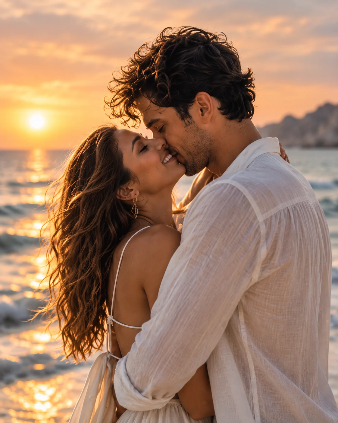Pareja abrazada en la playa al atardecer