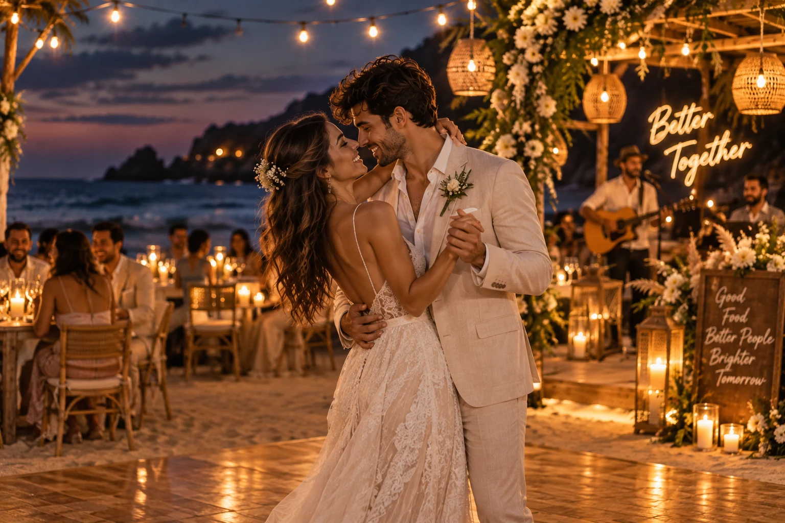 Pareja bailando durante la recepción nocturna